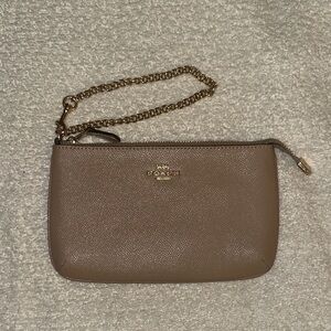 Coach Tan Leather Wristlet with Gold Chain